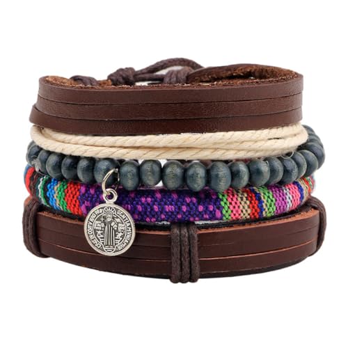 KBNSUIAN Christus Herr St. Benedikt Armbänder - 4-Stücke Katholische St. Benedikt Schutz Rosenkranz Perlen Armreif Schichtes Leder Armband Segen Christlich Schmuck für Männer Frauen von KBNSUIAN