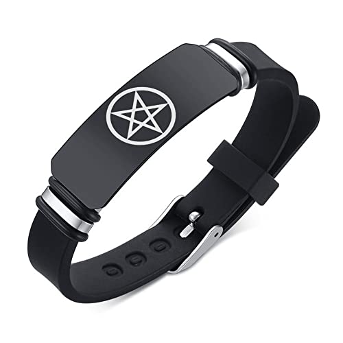 KBNSUIAN Schwarzer Edelstahl Heidnischer Satan Umgekehrtes Pentagramm Silikon Armband, Wicca Goth Umgedreht, Pentacle Stern Amulett symbolischer Armreif, Herren Baphomet Schmuck, verstellbar von KBNSUIAN