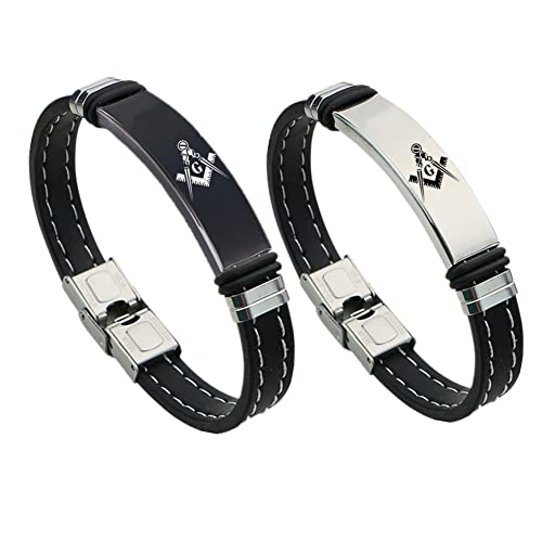 KBNSUIAN Stilvolles Mason Silikon Armband für Männer, Mauerwerk Quadratischer Kompass Freimaurer Armreif, Freimaurer Schmuck for Mann,8.26 Zoll, Schwarz, Silber von KBNSUIAN