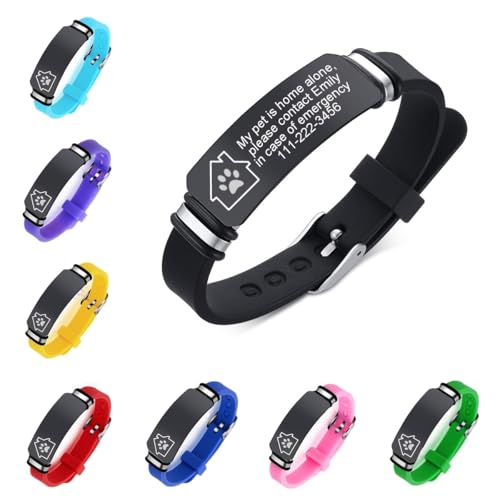 Mein Haustier ist allein zu Hause Notfallalarm Silikon Armband, personalisiertes Haustier Rettungszeichen Sportliches Armbander Benutzerdefinierte Adresse Telefonnummer Schmuck für Haustier Besitzer von KBNSUIAN