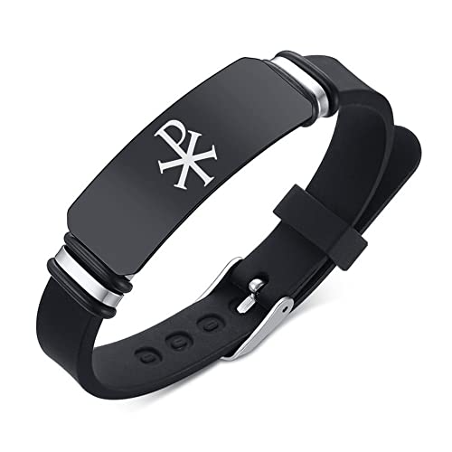 Religiöse Christliche Symbol Schmuck Chi&Rho Symbol Christogram Griechische Buchstaben XP Name von Christus Schutz Silikon Armband für Männer Frauen Katholische Talisman Segen Armreif für Taufe Kirche von KBNSUIAN