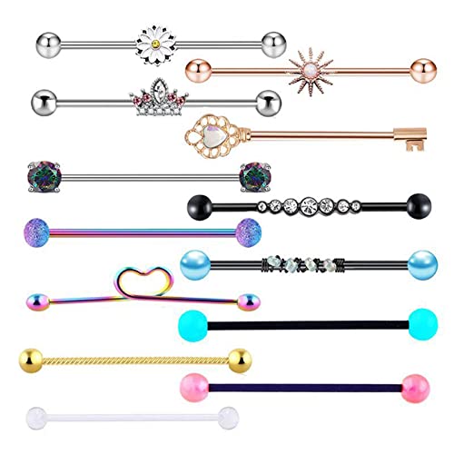 KBOLAE 13 x 14 g industrielle Barbell-Ohrringe Herz Blume Strass Piercing Schmuck von KBOLAE