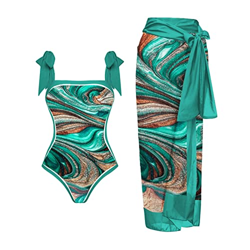 Badeanzug Damen Sexy Bauchweg Push Up Bademode Monokini Set Zweiteilig Vintage Blumen Drucken Einteiler Bikini Cover Up Rock High Waist Swimsuit Frauen Schwimmanzug Bademode von KBOPLEMQ