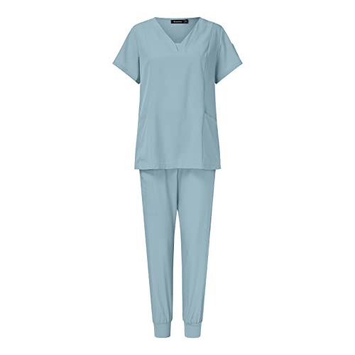 Damen 2-Teiliges Kasacks Set Medizinische Uniform Outfits mit Kasack und Hose Pflege Berufsbekleidung V-Ausschnitt Schlupfkasack+Schlupfhose Pflegeuniform Set Laborkittel Einfarbig Arbeitsuniform von KBOPLEMQ