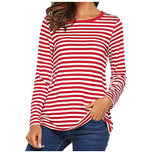 Damen Basic Gestreiftes Langarmshirt Damen Shirt Gestreiftes Langarm Rot Shirt Frauen Blau Weiß Gestreifte Musselin Bluse Long Sleeve Leicht Basic mit Rundhals Kleidung Langarmshirts von KBOPLEMQ