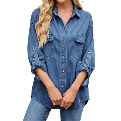 Damen Jeans Bluse Button Down Langarm Casual Elegant Blusenshirt Hemdbluse Slim Fit Damenblusen Jeanshemd Tunika Denim Langarmshirt Shirt Streetwear von KBOPLEMQ