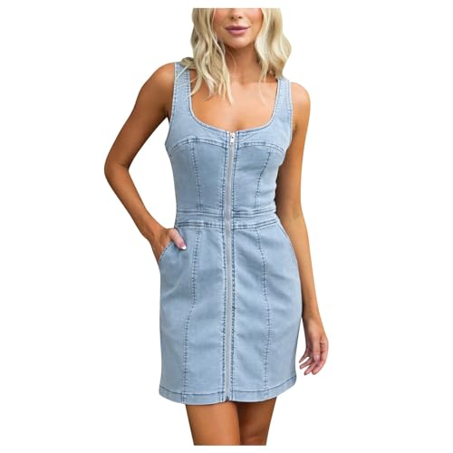 Damen Jeanskleid Kurzes Sommer Denim Kleid Slim Fit Jumpsuit-Kleid Sommer Schlank Ärmellos Spaghetti Träger Kleider Partykleid Bandeau Denim Bodycon Minikleid Sommerkleid Bleistiftrock von KBOPLEMQ
