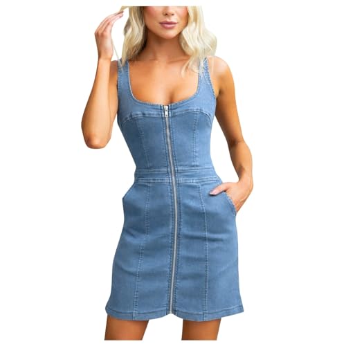 Damen Jeanskleid Kurzes Sommer Denim Kleid Slim Fit Jumpsuit-Kleid Sommer Schlank Ärmellos Spaghetti Träger Kleider Partykleid Bandeau Denim Bodycon Minikleid Sommerkleid Bleistiftrock von KBOPLEMQ