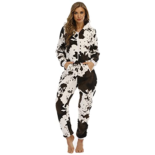 Damen Jumpsuit Teddy Fleece Einteiler Overall Anzug Flauschig Schlafanzug Winter Warm Onesie Plüsch Hausanzug mit Sternchenaufdruck Lang Schlafoverall Weich Pyjama Schlafanzug mit Kapuze von KBOPLEMQ