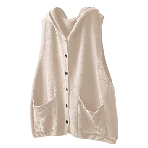 Damen Strickweste mit Kapuze Knopf Front V-Ausschnitt Strickpullover Lose Ärmellose Weste Formale Cardigan Top Klassische Einfarbige Jacke Elegant Winter Pullover Oberteile von KBOPLEMQ