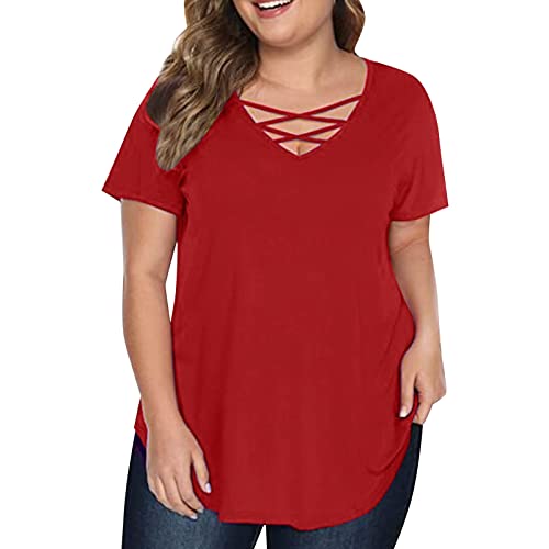 Damen Tshirt Sommer Kurzarm Shirts Oberteile Casual Tunika Tops V-Ausschnitt Einfarbige Lose Basic Tops Elegant Pullover Tops Lässig Locker Top Frauen T-Shirt Große Größen XL-6XL von KBOPLEMQ