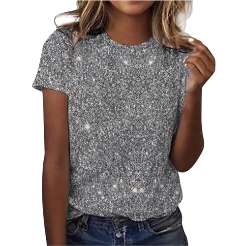 Glänzend Oberteile Damen Elegant Party-Shirt Silber-Glitzer Tunika Tshirt Sparkly Shirt Kurzarm Oberteile Wedding Glitzertop Bluse Sparkly Pailletten Tops Elegant Festlich Damenbluse von KBOPLEMQ