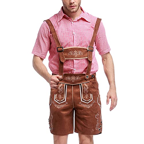 Herren 2 Teilig Oktoberfest Outfit inkl. Hemd Hosenträger Trachten Lederhose kurz, Elegante Trachtenlederhose mit Trägern, original in Dunkelbraun/mittelbraun, Oktoberfest S-XL von KBOPLEMQ