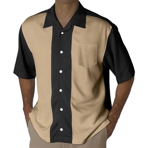Herren Bowling Shirt Camp Cabin Cabana Work Hemd Rockabilly Stil Baumwolle Hemden Kurzarm Casual Button-Down Shirts Zweifarbig Lounge 50er Vintage Retro Freizeithemd von KBOPLEMQ