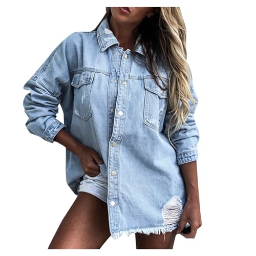 Jeanshemd Damen Jeans Bluse Kurzarm Shirt Hemdbluse Y2K Oversized Denim Hemdjacke mit Knopfleiste Frühling Sommer Lässig Oberteile Denim Hemd Tops Frauen Langarm Oberteile T-Shirt von KBOPLEMQ