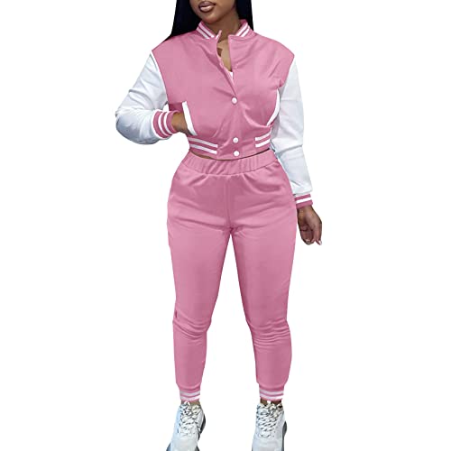 KBOPLEMQ 2 Teiler Damen Jogginganzug Colour Block Jacket Set Einreihige Baseballjacke Sportanzug Frauen Crop Baseball Jacke College Sweatjacke + Lange Hose Sportswear 2 Stück Trainingsanzug von KBOPLEMQ