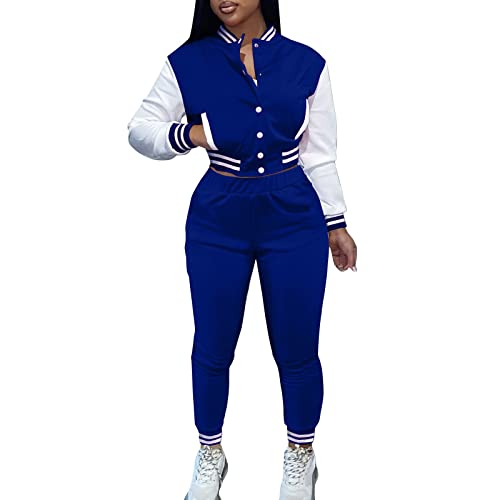 KBOPLEMQ 2 Teiler Damen Jogginganzug Colour Block Jacket Set Einreihige Baseballjacke Sportanzug Frauen Crop Baseball Jacke College Sweatjacke + Lange Hose Sportswear 2 Stück Trainingsanzug von KBOPLEMQ