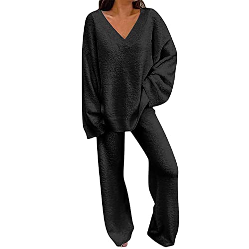 KBOPLEMQ 2 Teiler Damen Winter Hauseanzug Einfarbige Strick Yoga Lose Loungewear Sets Sweatsuits Bequeme Weich Langarm Oberteile + Weitem Bein Hosen 2 Teiliges Pyjamas Sets Elegante Homewear von KBOPLEMQ