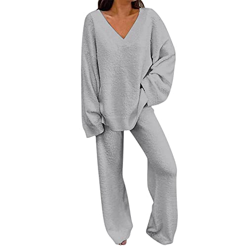 KBOPLEMQ 2 Teiler Damen Winter Hauseanzug Einfarbige Strick Yoga Lose Loungewear Sets Sweatsuits Bequeme Weich Langarm Oberteile + Weitem Bein Hosen 2 Teiliges Pyjamas Sets Elegante Homewear von KBOPLEMQ