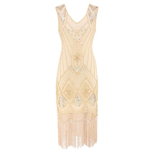 KBOPLEMQ 20er Jahre Kostüm Damen Charleston Kleid 1920s V Ausschnitt Paillettenkleider Great Gatsby Abendkleider Flapper Kleid Mesh Cocktailkleid Vintage Partykleid Fasching Kostüm von KBOPLEMQ