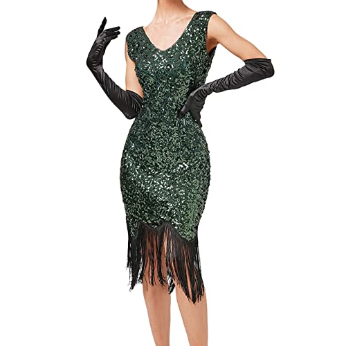 KBOPLEMQ 20er Jahre Kostüm Damen Charleston Kleid Gold Abendkleid 1920's Art Deco Great Gatsby Vintage Retro Pailletten Perlen Elegante Flapper Ballkleider Cocktailkleid von KBOPLEMQ
