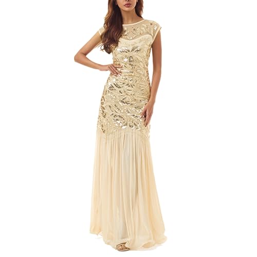 KBOPLEMQ 20er Jahre Kostüm Damen Charleston Kleid Gold Abendkleid Kleid 1920's Art Deco Great Gatsby Kostüm Vintage Retro Pailletten Perlen Kleid Elegante Flapper Ballkleider Cocktailkleid von KBOPLEMQ
