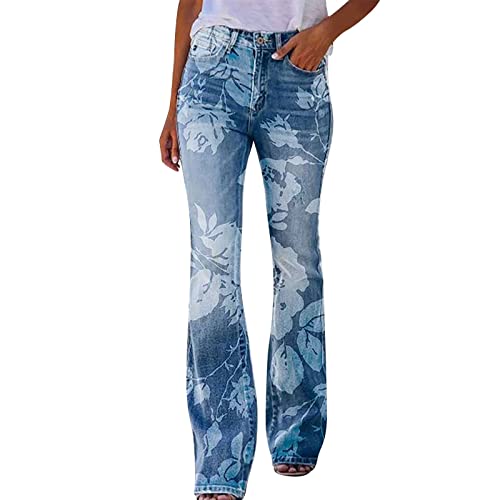KBOPLEMQ Bequeme Jeans Damen High Waist Schlaghose mit Blumenmuster Freizeithose Baggy Jeans Damen Stretch Bootcut Jeanshose Freizeithose Schlaghose Jeans mit Blumendruck und Kunstdruck von KBOPLEMQ