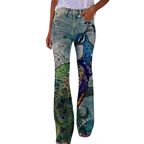 KBOPLEMQ Bequeme Jeans Damen High Waist Schlaghose mit Blumenmuster Freizeithose Baggy Jeans Damen Stretch Bootcut Jeanshose Freizeithose Schlaghose Jeans mit Blumendruck und Kunstdruck von KBOPLEMQ