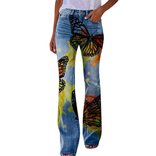 KBOPLEMQ Bequeme Jeans Damen High Waist Schlaghose mit Blumenmuster Freizeithose Baggy Jeans Damen Stretch Bootcut Jeanshose Freizeithose Schlaghose Jeans mit Blumendruck und Kunstdruck von KBOPLEMQ
