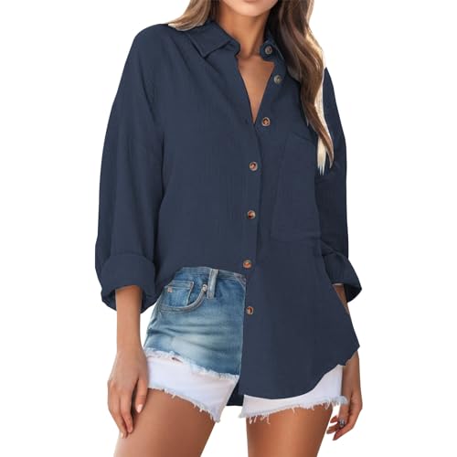 KBOPLEMQ Bluse Damen Musselin Langarmshirt Baumwolle Lässig Oberteile Hemd Langarm Shirts Einfarbig Tops Hemdjacke Button Down Freizeithemd Lose Hemdbluse Sommer Große Größen Hemdbluse von KBOPLEMQ