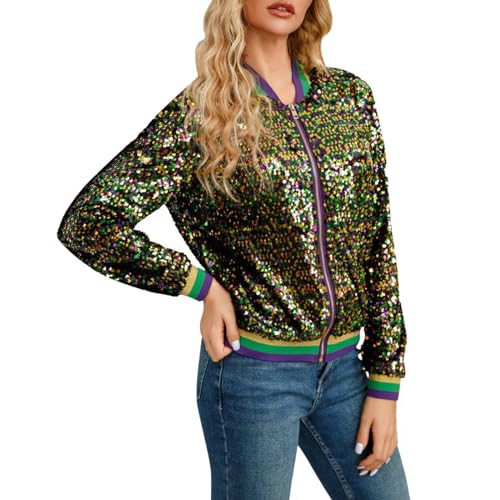 KBOPLEMQ Bomberjacke Damen Langarm Reißverschluss Pailletten Jacke Crop Festival Party Damen Glitzer Jacke Hiphop Langarm Bomberjacke Fliegenjacke Bikerjacke Outwear in Schwarz Gold von KBOPLEMQ