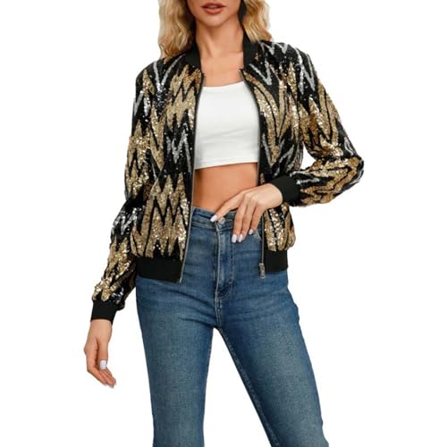 KBOPLEMQ Bomberjacke Damen Langarm Reißverschluss Pailletten Jacke Crop Festival Party Damen Glitzer Jacke Hiphop Langarm Bomberjacke Fliegenjacke Bikerjacke Outwear in Schwarz Gold von KBOPLEMQ