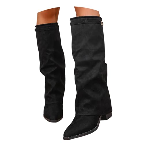 KBOPLEMQ Cowboystiefel Damen Mittelhoch Stiefel mit Absatz Elegant Schlupfstiefel Spitze Zehe Halbstiefel Wildleder Lange Stiefel Winterstiefel Hohe Damenstiefel Kniehohe Boots Warme Reitstiefel von KBOPLEMQ