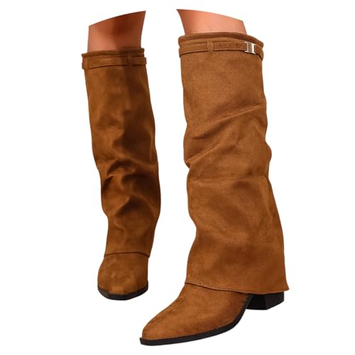 KBOPLEMQ Cowboystiefel Damen Mittelhoch Stiefel mit Absatz Elegant Schlupfstiefel Spitze Zehe Halbstiefel Wildleder Lange Stiefel Winterstiefel Hohe Damenstiefel Kniehohe Boots Warme Reitstiefel von KBOPLEMQ