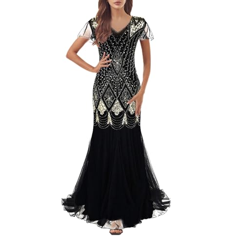 KBOPLEMQ Damen 1920er Jahre Abendkleid V-Ausschnitt Pailletten Perlen Fransen Kleid Retro Glitzer Party Kleider Zubehör Outfit Lang Ballkleid mit Quaste Ärmellos V-Ausschnitt Festliche Kleider von KBOPLEMQ