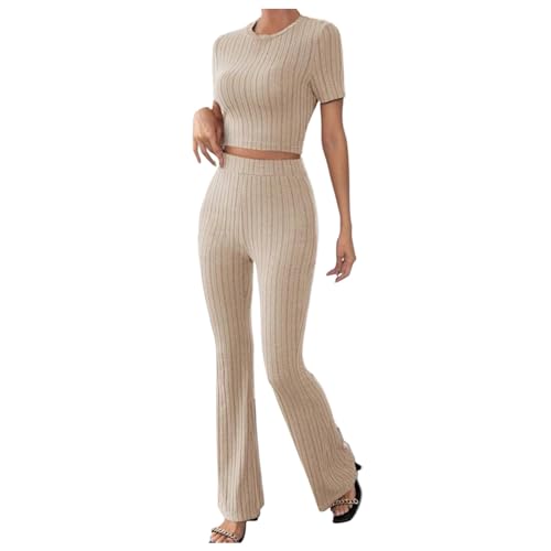 KBOPLEMQ Damen 2-teilige Lounge-Sets Kurzarm Rippstrick Crop Top mit Hose Set Zweiteiler Damen Lounge Set V-Ausschnitt Loungewear Gerippt Top Hose 2-Teiliges Hausanzug Jogginganzug Loungewear von KBOPLEMQ