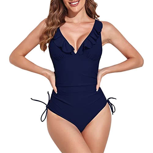 KBOPLEMQ Damen Badeanzug Rüschen V Ausschnitt Monokinis Bauchweg Einteilige Bademode Swimsuit Badebekleidung Bauchkontrolle Strandmode Einteiler Monokini für Urlaub Bikini Große Größen von KBOPLEMQ