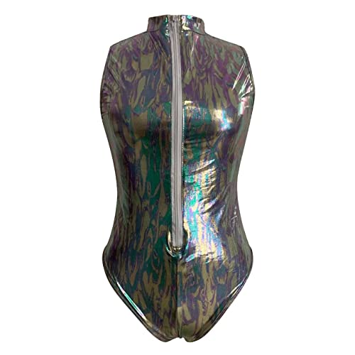 KBOPLEMQ Damen Badeanzug im Latex Wetlook Frau Sexy mit Frontreißverschluss Bodysuit Lackleder Overall Thong Glänzend Party Enge Stück Body aus Lack Leder Hemdbody Gogo Outfits Clubwear von KBOPLEMQ