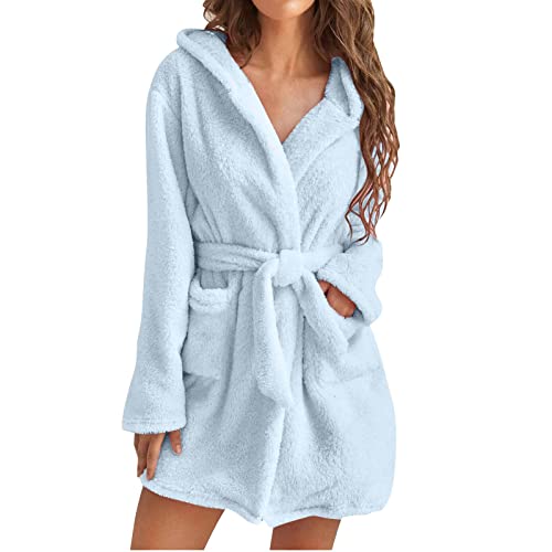 KBOPLEMQ Damen Bademantel Kurz mit Kapuze Fleece Pyjama Morgenmantel Leicht Weich Plüsch Kurz Nachtwäsche Elegant Pyjamas Kuschelig Weicher Kleidung Damen Sexy Kimono Flauschiger Saunamantel von KBOPLEMQ