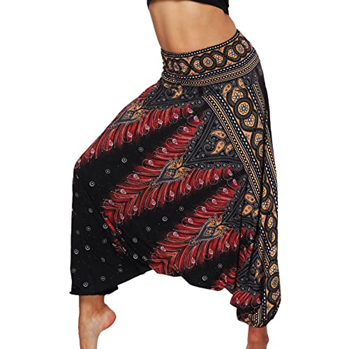 KBOPLEMQ Damen Baumwolle Haremshosen High Waist Hippie Muster Pumphosen mit Taschen Leicht Luftige Yogahose Hosen Boho Haremshosen Baggy Strandhose Thai Yogahosen Haremshosen Frauen Hose von KBOPLEMQ