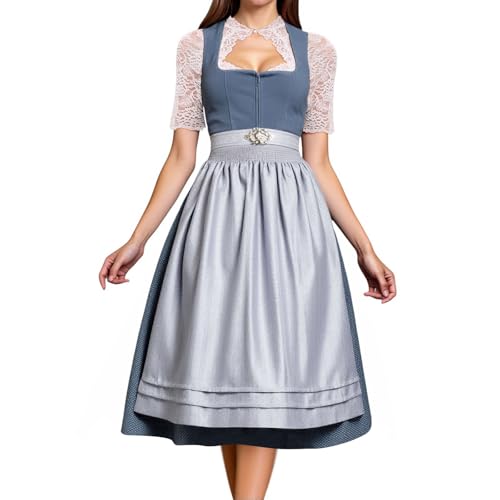 KBOPLEMQ Damen Dirndl Midi Trachtenkleid Elegante Trachtenrock Kleid inkl. Dirndlschürze für Oktoberfest Outfit Dirndl Lange Komplettsets Mode Vintage Trachtenmode Knielang Partykleid von KBOPLEMQ