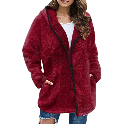 KBOPLEMQ Damen-Fleece-Kapuzenmantel mit Reißverschluss, Warm Dicker Lang Winterjacke, Weicher Kapuzen-Cardigan, Flauschiger Winterjackenmantel Oversize Jacke Damen Teddy-Fleece Sweatjacke Mantel von KBOPLEMQ