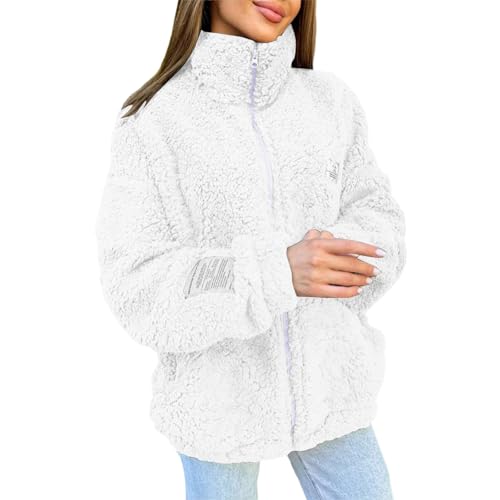 KBOPLEMQ Damen Fleecejacke Teddy Fleece Hoodie Jacke Oversize Kapuzenjacken Winter Warm Kapuzenpullover Teddy Sweatjacke Plüsch Stehkragen Flauschige Sherpa Jacke Casual Y2K Zip Kuscheljacke von KBOPLEMQ