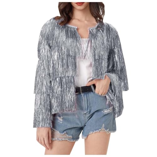 KBOPLEMQ Damen Glitzer Pailletten Jacke Frühling Herbst Kurze Jacke Outwear Frauen Retro Outwear Hiphop Langarm Bomberjacke Mit Quasten Fliegenjacke Konzert Outfits College Party Bikerjacke von KBOPLEMQ
