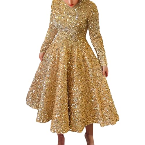 KBOPLEMQ Damen Glitzer Paillettenkleid Langer Rock Lange Ärmel Plissee-Cocktailkleid Kleid Freizeit Skaterkleid Sparkly Abendkleider Ballkleid Bodenlang Eleganter Maxikleider Karneval kostüm von KBOPLEMQ