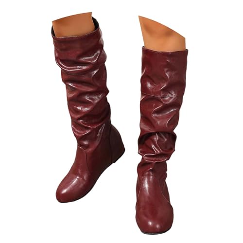 KBOPLEMQ Damen Hohe Stiefel Winter Schuhe Warme Leder Reitstiefel Niedrige mit Absatz Komfort Beiläufige Schnalle Langschaft Kniehohe Elegant Westernstiefel Runde Zehen Boots Winterstiefel von KBOPLEMQ