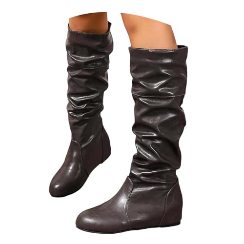 KBOPLEMQ Damen Hohe Stiefel Winter Schuhe Warme Leder Reitstiefel Niedrige mit Absatz Komfort Beiläufige Schnalle Langschaft Kniehohe Elegant Westernstiefel Runde Zehen Boots Winterstiefel von KBOPLEMQ