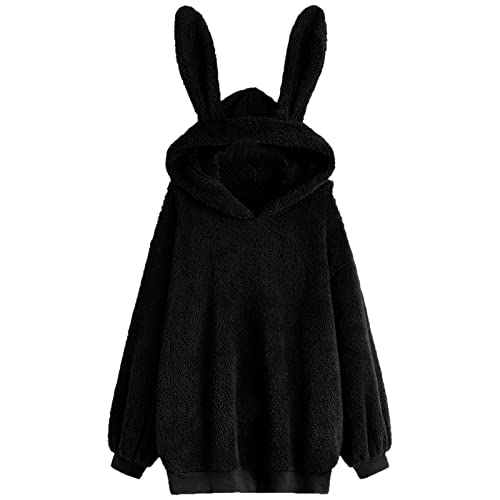 KBOPLEMQ Damen Hoodie Mit Ohren Flauschig Warm Kapuze Elegant Pullover Frauen Plüsch Fleece Einfarbig Pulli Plüsch Hasenmütze Kurzer Plüschpullover Fleece Gefütterter Parka Mantel von KBOPLEMQ