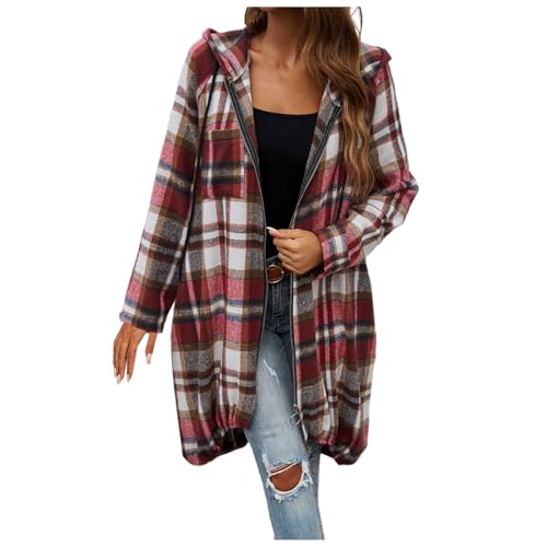 KBOPLEMQ Damen Hoodie Plaid Jacke Herbsr Winter Warm Cardigan Kapuzenpullover Sweatshirt mit Kapuze Strickjacke Karierte Kapuzenjacke Oversized Winterjacke mit Reißverschluss Langarm Mantel von KBOPLEMQ