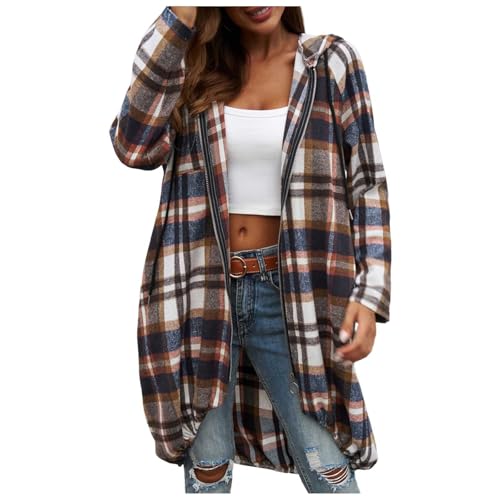 KBOPLEMQ Damen Hoodie Plaid Jacke Herbsr Winter Warm Cardigan Kapuzenpullover Sweatshirt mit Kapuze Strickjacke Karierte Kapuzenjacke Oversized Winterjacke mit Reißverschluss Langarm Mantel von KBOPLEMQ